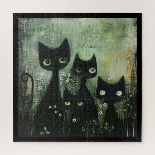 Four Black Cats with Daisies on Mixed Grey Jigsaw Puzzle