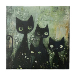 Four Black Cats with Daisies on Mixed Grey Tile
