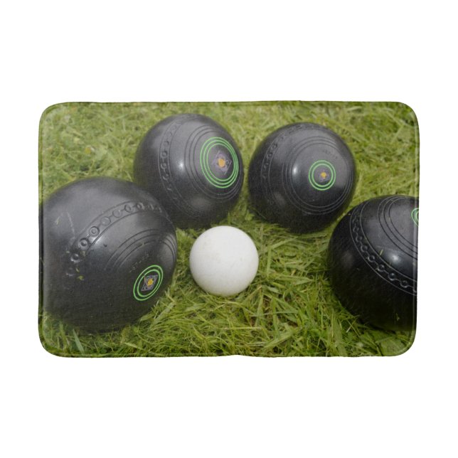 Four Black Lawn Bowls And Jack, Bath Mat (Front)