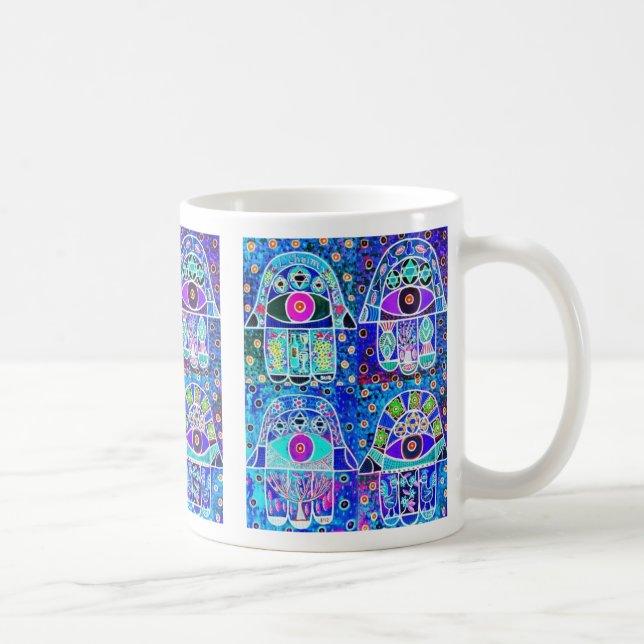 Four Blue Hamsa Vintage Tapastry Judaica Coffee Mug (Right)