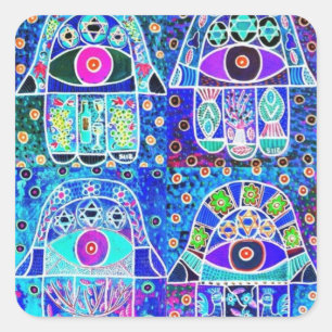 Four Blue Hamsa Vintage Tapastry Judaica Square Sticker