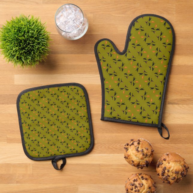Four Calling Birds Retro Mid-Century Cut-Out 2 Oven Mitt & Pot Holder Set (Top Down)