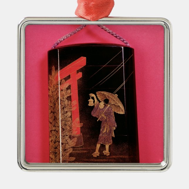 Four case inro depicting a man sheltering metal tree decoration (Front)