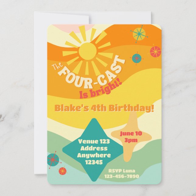 Four-Cast is Bright, Colourful Sun Birthday Invitation (Front)