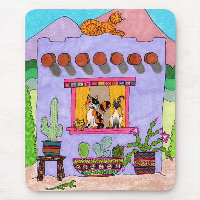 Four Cats at a Purple Adobe House Mouse Pad (Front)