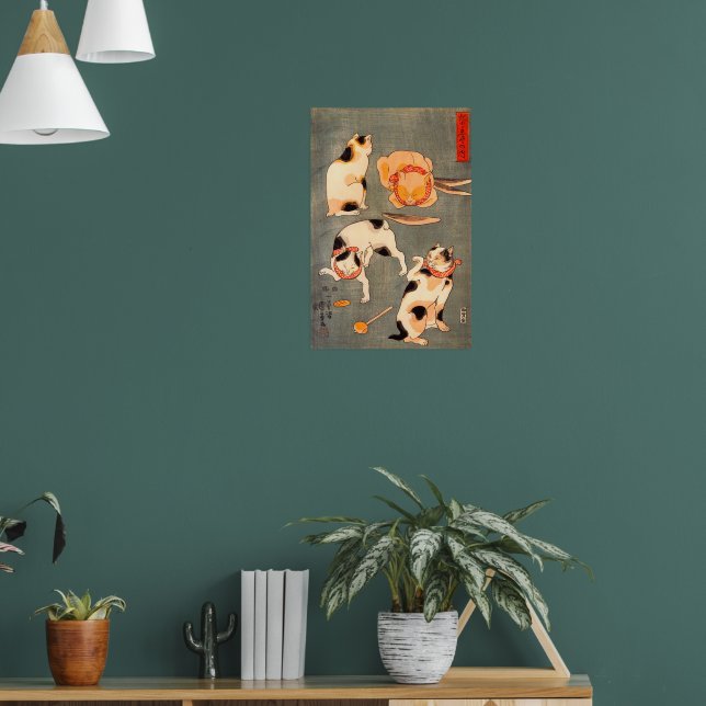 Four Cats Different Poses Illustrating Japanese  Poster (Living Room 1)
