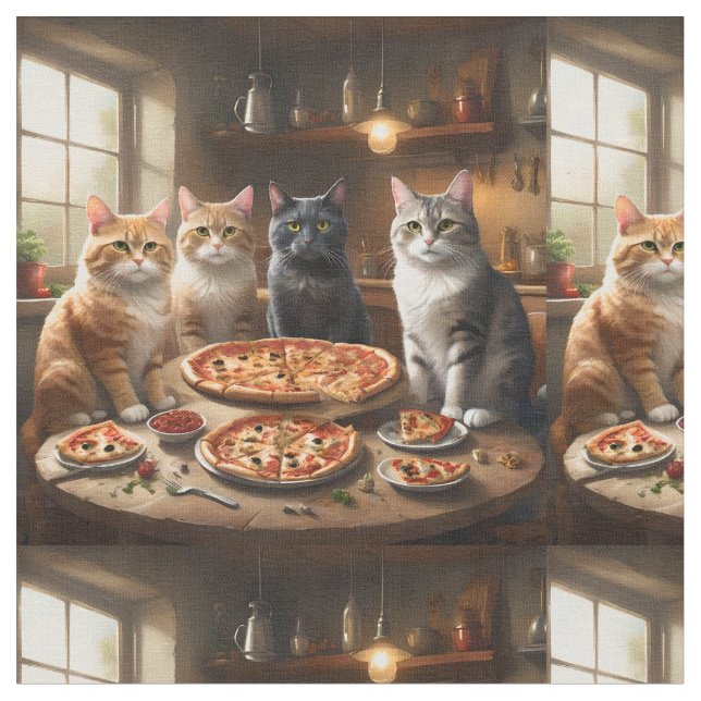 Four Cats Having Pizza For Dinner,  Fabric (Close Up)