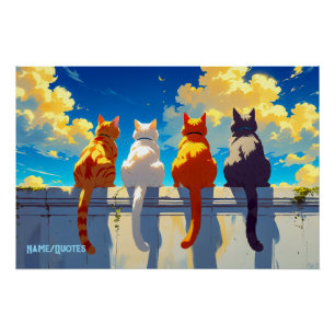 Four Cats Watching the Sunset Poster