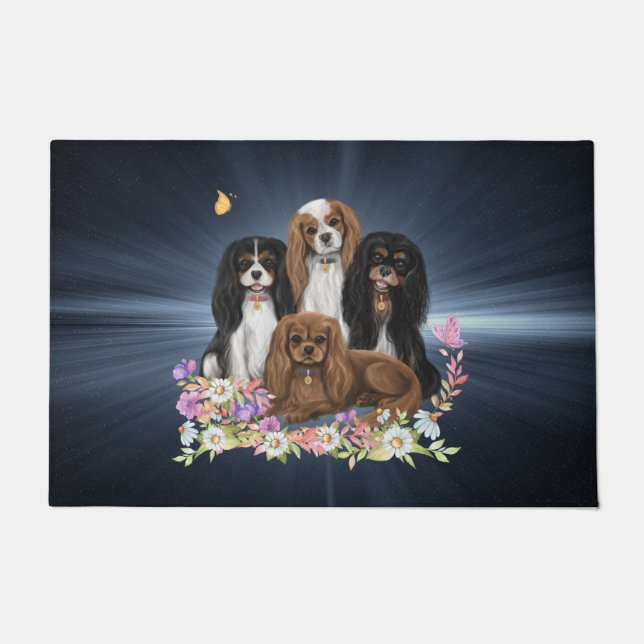 Four Cavalier King Charles Spaniels in Flowers     Doormat (Front)