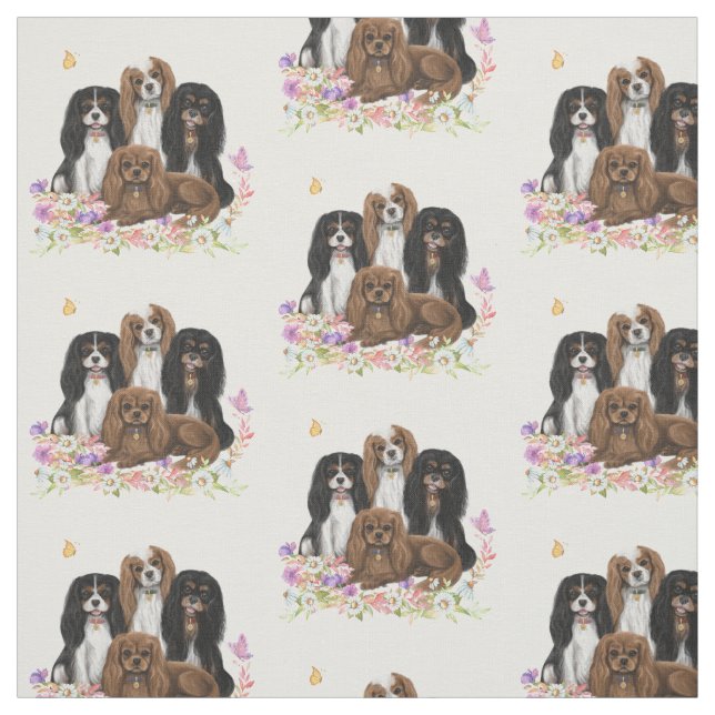 Four Cavalier King Charles Spaniels in Flowers  Fabric (Swatch)