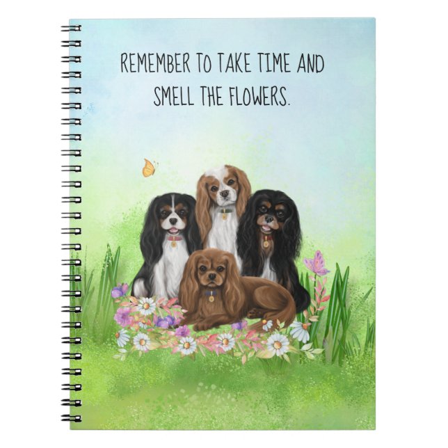 Four Cavalier King Charles Spaniels in Flowers   Notebook (Front)