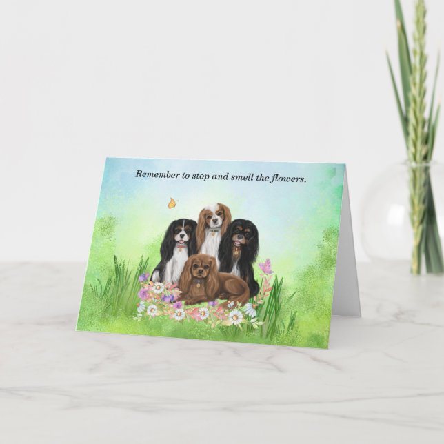 Four Cavalier King Charles Spaniels in Flowers   Thank You Card (Front)