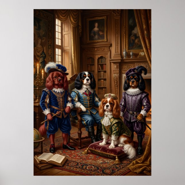 Four Cavalier Spaniel Musketeers Portrait Poster (Front)