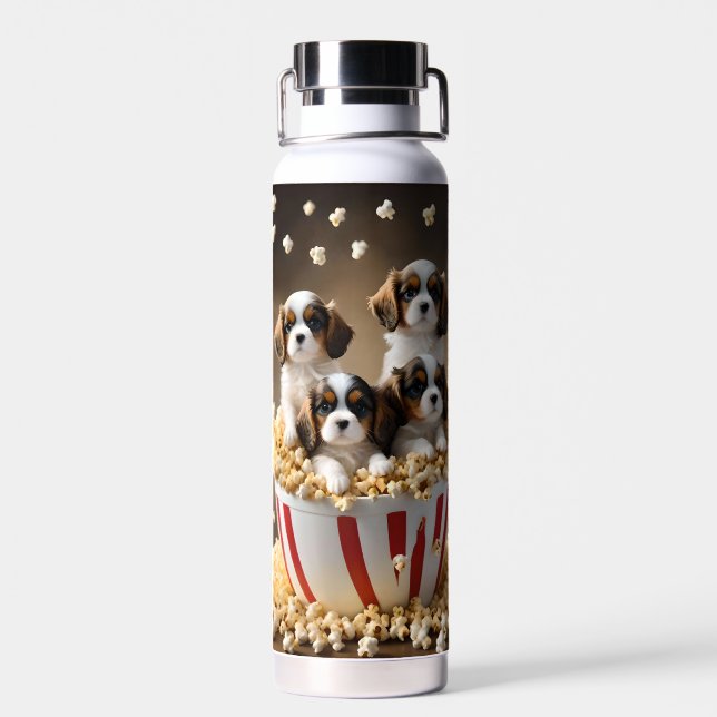 Four Cavalier Spaniel Puppies In The Popcorn, Water Bottle (Back)