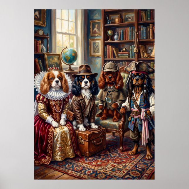 Four Cavalier Spaniels Costume Portrait Poster (Front)