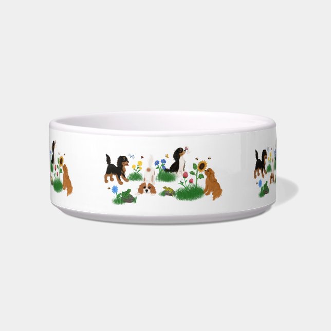Four Cavalier Spaniels in a Field of Flowers  Bowl (Front)