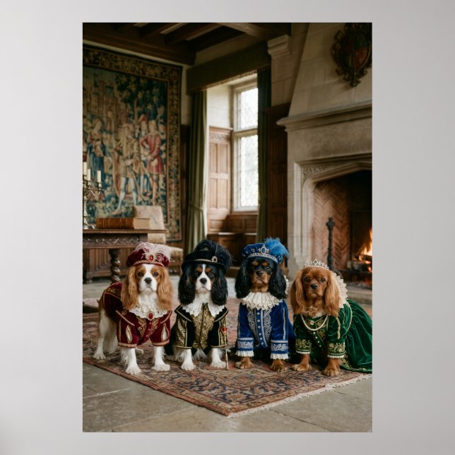 Four Cavalier Spaniels in Renaissance Dress Poster (Front)