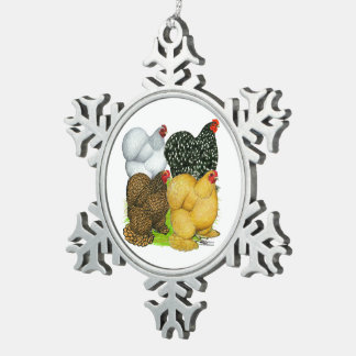 Four Cochin Hens Snowflake Pewter Christmas Ornament