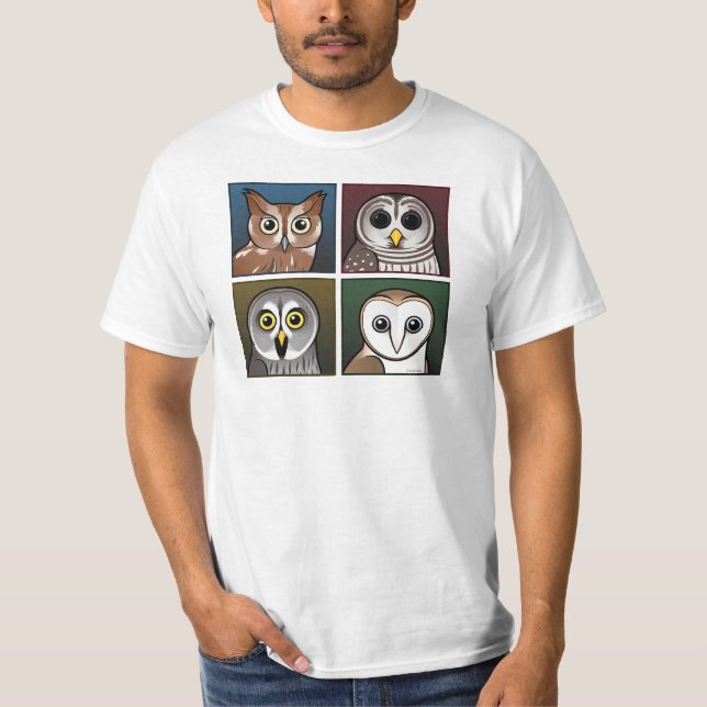 Four Colour Owls (dark) T-Shirt (Front)