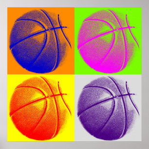 Four Colour Pop Art Basketball Retro Style Poster