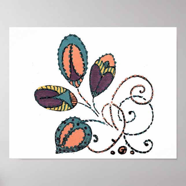 Four Colourful Leaves and Curling Vines Poster (Front)