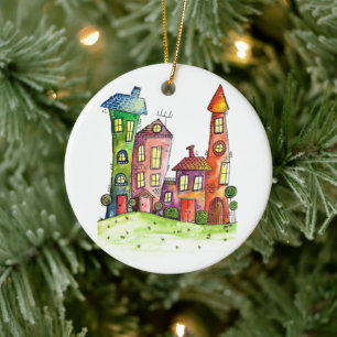 Four Colourful Whimsical Houses Ceramic Tree Decoration