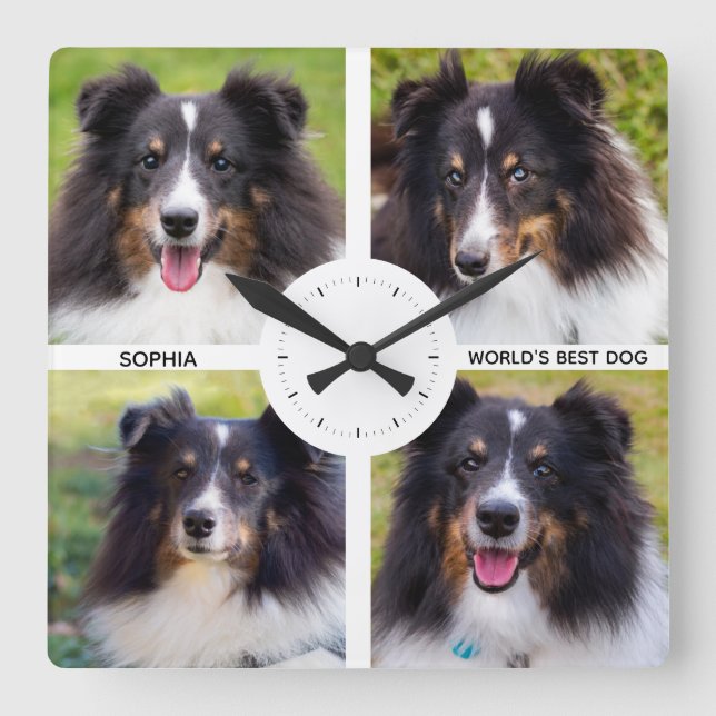 Four Custom Pet Photos With Custom Text Square Wall Clock (Front)
