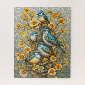 Four Cute Blue and White Birds on Blossoming Tree Jigsaw Puzzle
