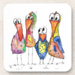 Four Cute Colourful Whimsical Birds Coaster<br><div class="desc">This is an original mixed media painting of four whimsical birds.  The painting is watercolor embellished with ink and watercolor pencils.</div>