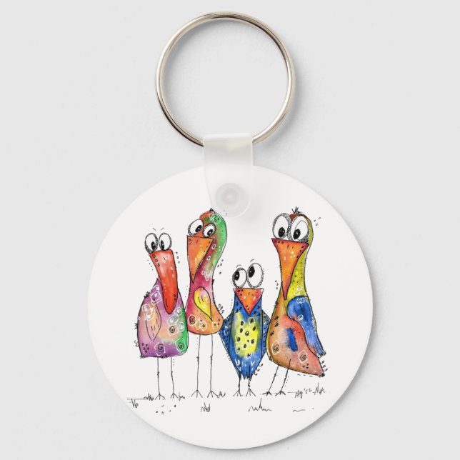 Four Cute Colourful Whimsical Birds Key Ring (Front)