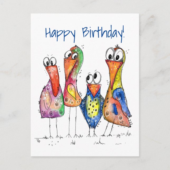 Four Cute Colourful Whimsical Birds Postcard (Front)