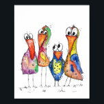 Four Cute Colourful Whimsical Birds Poster<br><div class="desc">This is an original mixed media painting of four whimsical birds.  The painting is watercolor embellished with ink and watercolor pencils.</div>