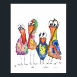 Four Cute Colourful Whimsical Birds Poster<br><div class="desc">This is an original mixed media painting of four whimsical birds.  The painting is watercolor embellished with ink and watercolor pencils.</div>
