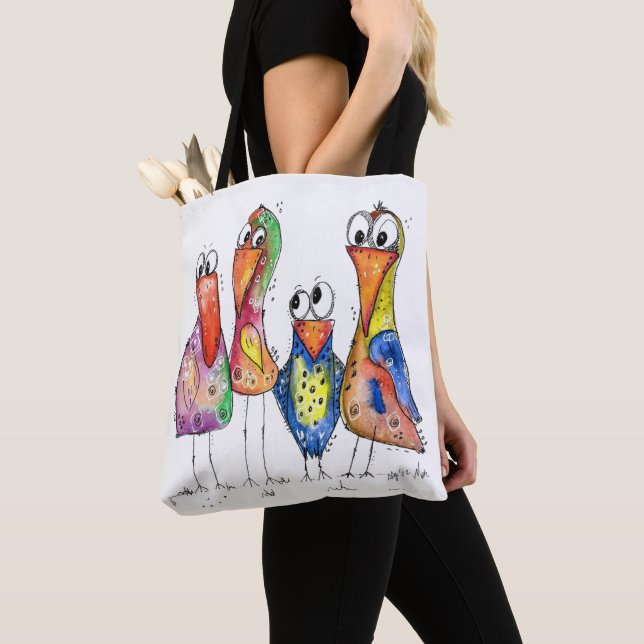 Four Cute Colourful Whimsical Birds Tote Bag (Close Up)