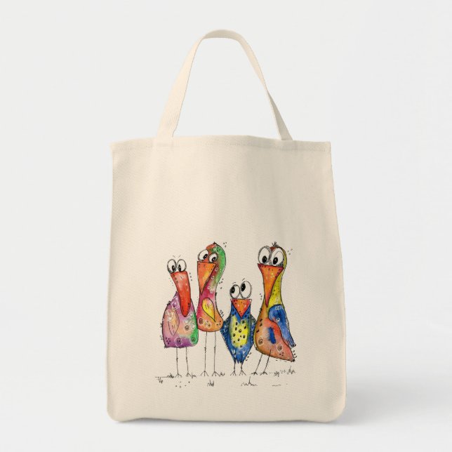 Four Cute Colourful Whimsical Birds Tote Bag (Front)