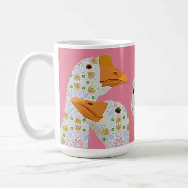 Four Cute Floral Patterned Geese Pink Coffee Mug (Left)