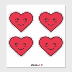 Four Cute Happy Smiling Faces Red Cartoon Heart