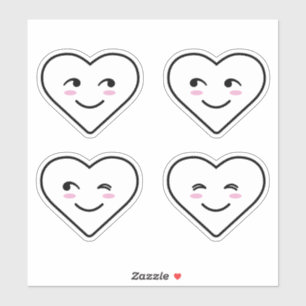Four Cute Happy Smiling Faces White Cartoon Heart