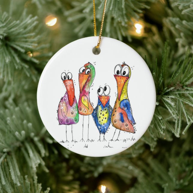 Four Cute Whimsical Colourful Birds Ceramic Tree Decoration (Tree)
