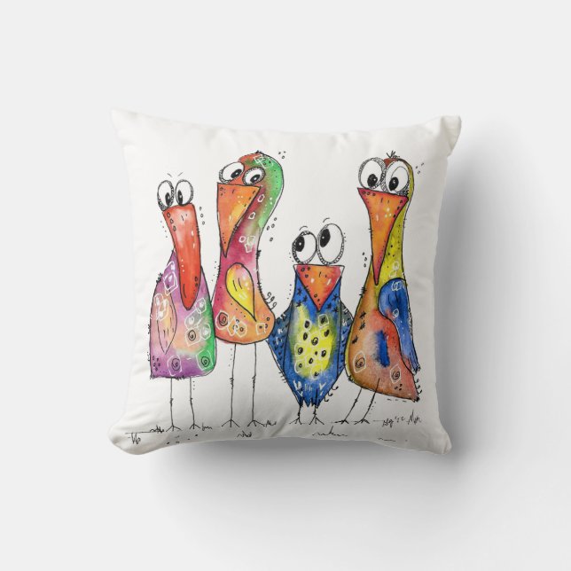 Four Cute Whimsical Colourful Birds Cushion (Front)
