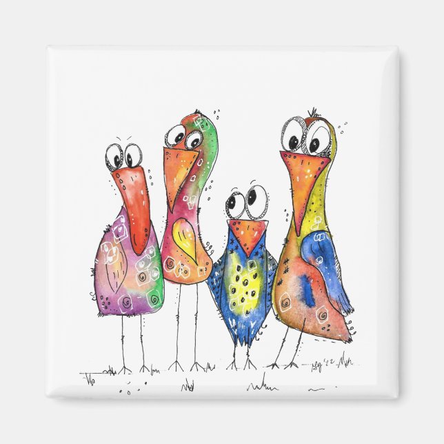 Four Cute Whimsical Colourful Birds Magnet (Front)