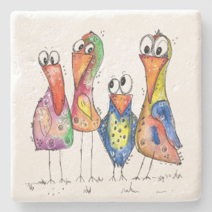 Four Cute Whimsical Colourful Birds Stone Coaster