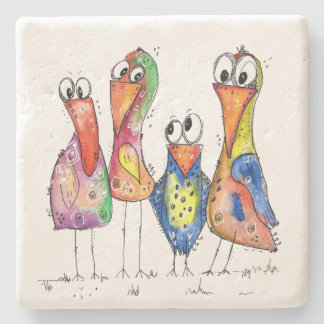 Four Cute Whimsical Colourful Birds Stone Coaster