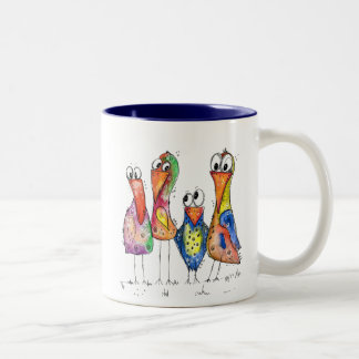 Four Cute Whimsical Colourful Birds Two-Tone Coffee Mug