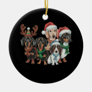 Four Dachshund Dogs Dressed In Festive Attire Ceramic Tree Decoration