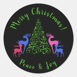 Four Deer & a Merry Christmas Tree Peace & Joy Classic Round Sticker