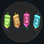 Four Dreidels Stickers<br><div class="desc">Four multicolored dreidels showing nun,  gimel,  hei,  and shin. Nes Gadol Hayah Sham. A Chanukah design.</div>