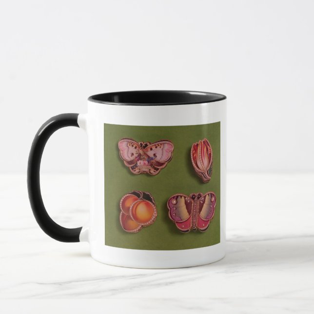 Four enamelled and jewelled boxes, butterfly mug (Left)