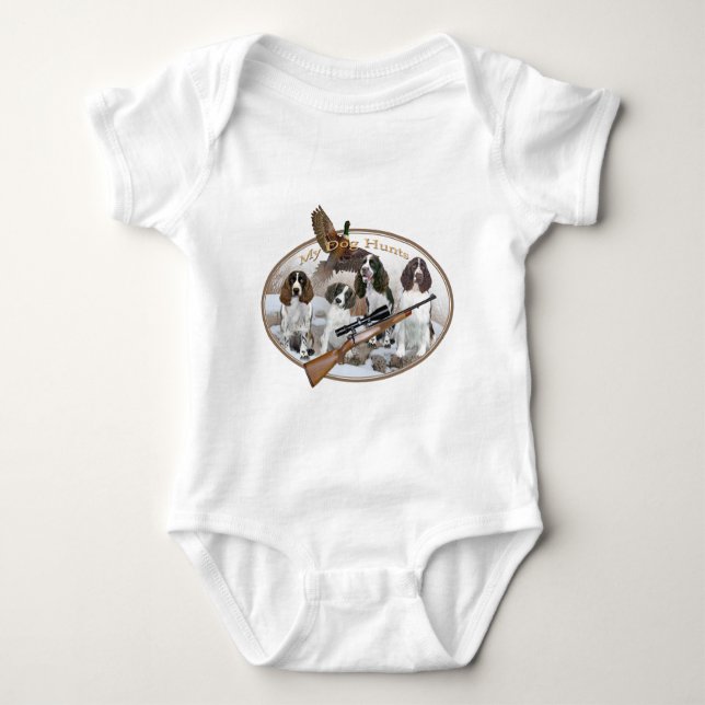 FOUR ENGLISH SPRINGER SPANIEL IN SNOW My Dog Hunts Baby Bodysuit (Front)