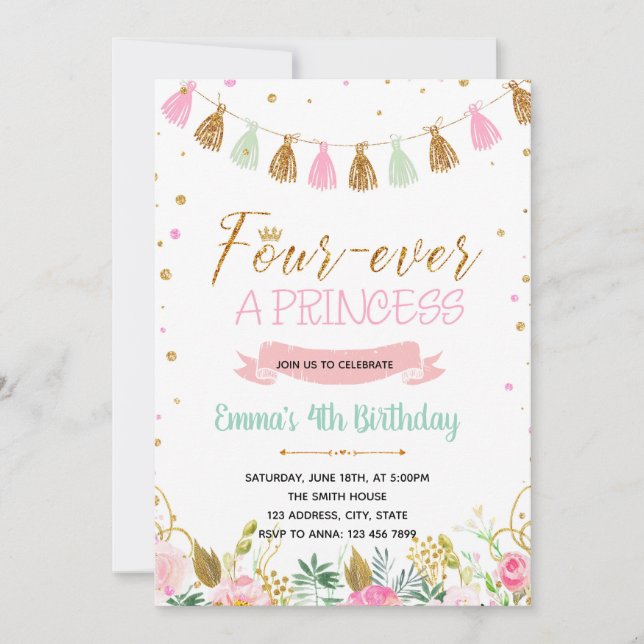 Four Ever a Princess  birthday invitation (Front)